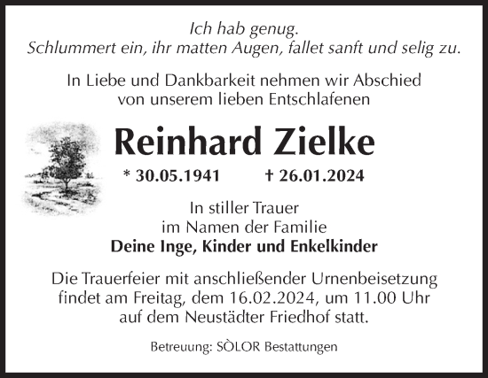 Traueranzeige von Reinhard Zielke von Volksstimme Magdeburg