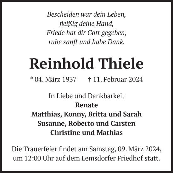 Traueranzeige von Reinhold Thiele von Volksstimme Magdeburg