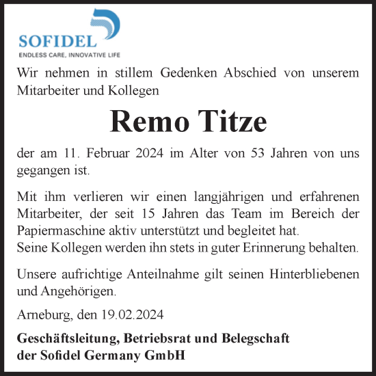 Traueranzeige von Remo Titze von Volksstimme Altmark Ost