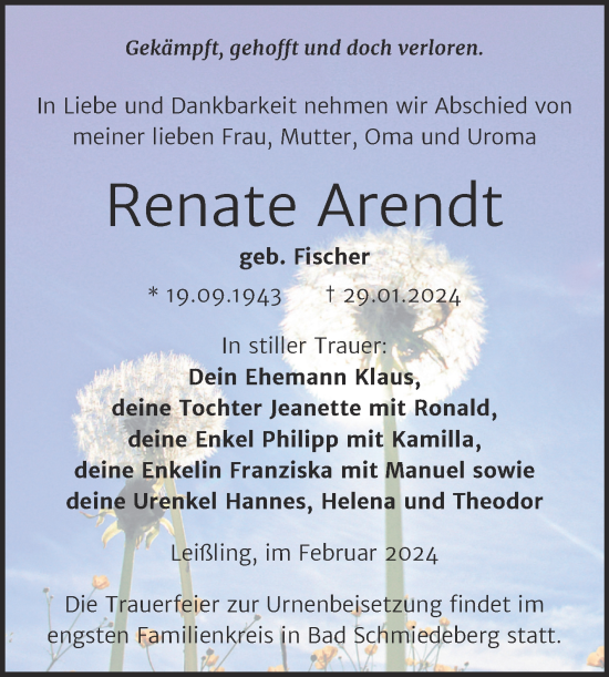 Traueranzeige von Renate Arendt von Trauerkombi Weißenfels