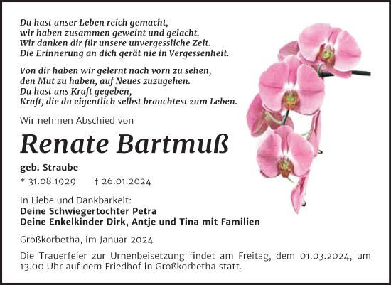 Traueranzeige von Renate Bartmuß von Trauerkombi Weißenfels