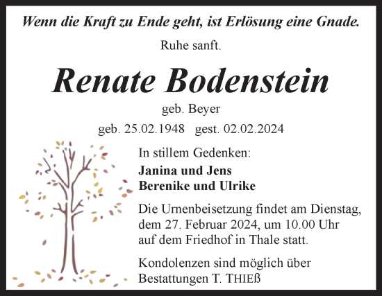 Traueranzeige von Renate Bodenstein von Trauerkombi Quedlinburg