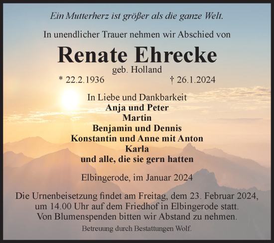 Traueranzeige von Renate Ehrecke von Volksstimme Wernigerode