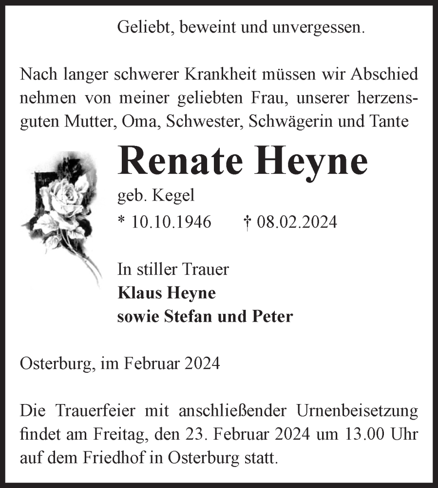  Traueranzeige für Renate Heyne vom 10.02.2024 aus Volksstimme Altmark Ost