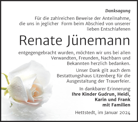 Traueranzeige von Renate Jünemann von Trauerkombi Mansfelder Land
