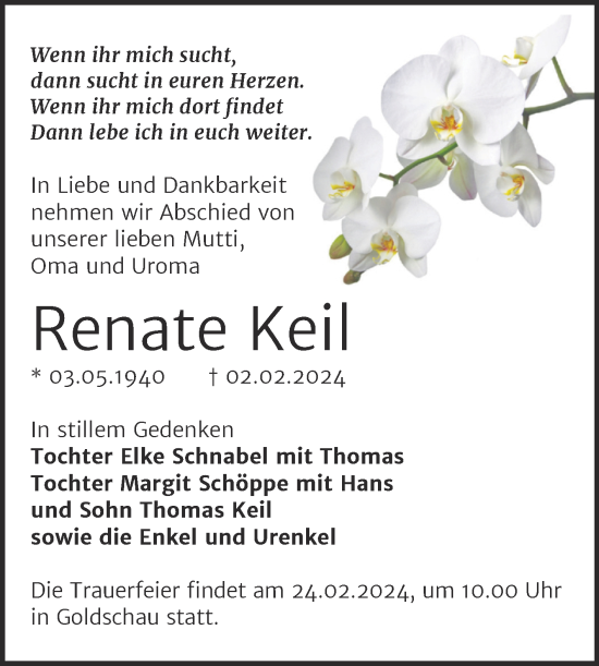 Traueranzeige von Renate Keil von Trauerkombi Zeitz