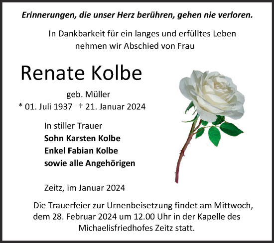 Traueranzeige von Renate Kolbe von Trauerkombi Zeitz