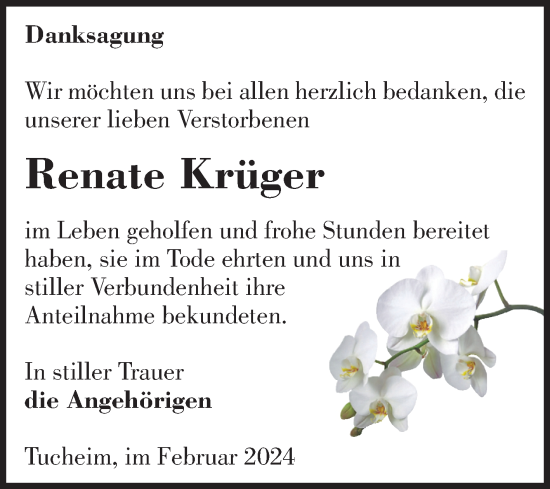Traueranzeige von Renate Krüger von Volksstimme Burg/Genthin