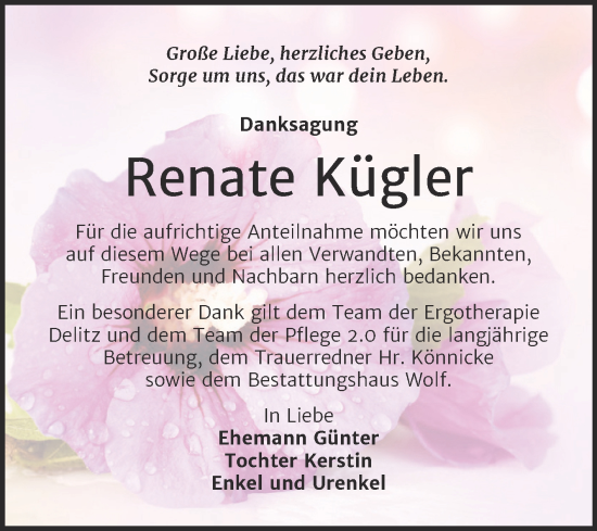 Traueranzeige von Renate Kügler von Trauerkombi Weißenfels
