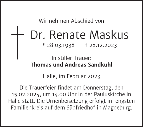 Traueranzeige von Renate Maskus von Mitteldeutsche Zeitung Halle/Saalkreis