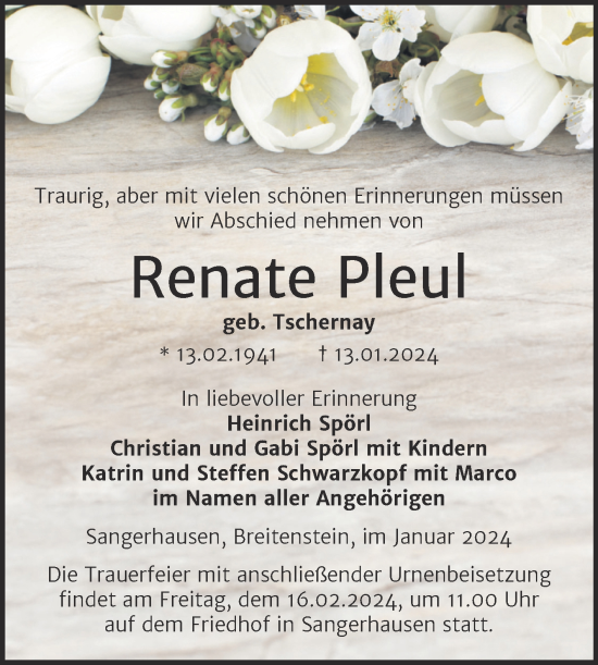 Traueranzeige von Renate Pleul von Trauerkombi Sangerhausen