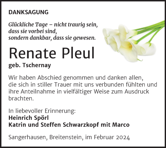 Traueranzeige von Renate Pleul von Trauerkombi Sangerhausen