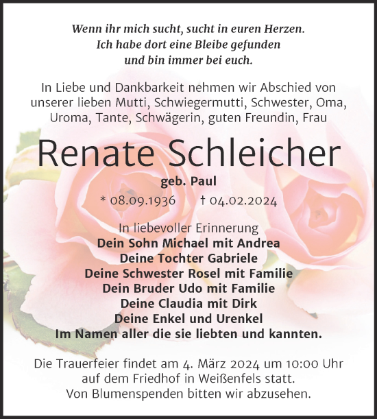 Traueranzeige von Renate Schleicher von Trauerkombi Weißenfels