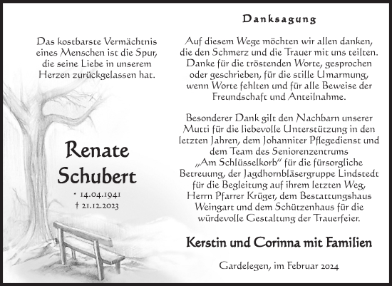 Traueranzeige von Renate Schubert von Volksstimme Altmark West