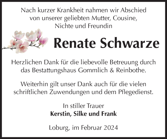 Traueranzeige von Renate Schwarze von Volksstimme Zerbst