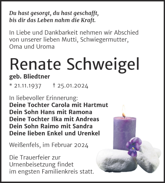 Traueranzeige von Renate Schweigel von Trauerkombi Weißenfels