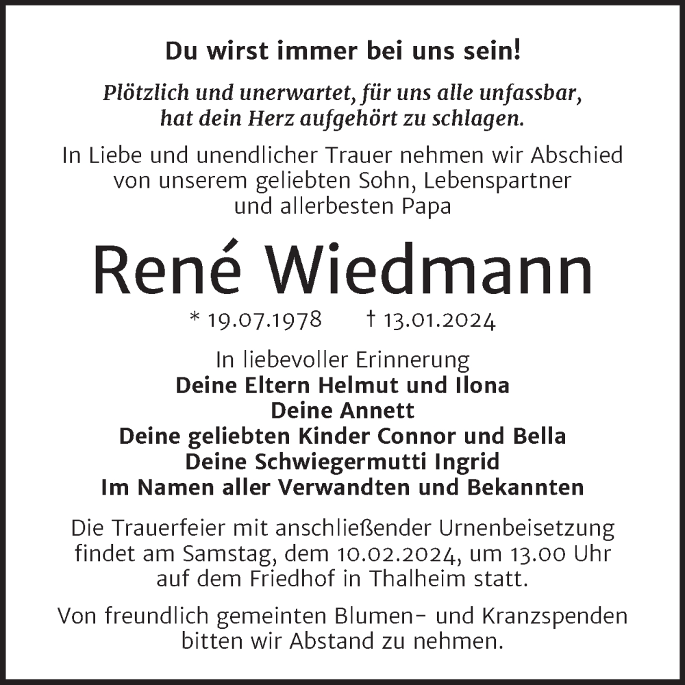  Traueranzeige für Rene Wiedmann vom 03.02.2024 aus Trauerkombi Bitterfeld