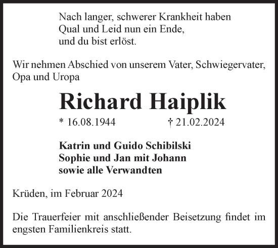 Traueranzeige von Richard Haiplik von Volksstimme Altmark Ost