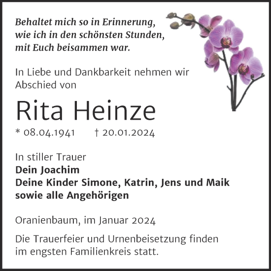 Traueranzeige von Rita Heinze von Trauerkombi Wittenberg