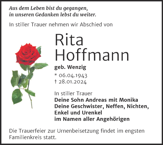 Traueranzeige von Rita Hoffmann von Trauerkombi Merseburg