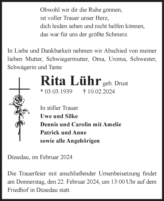Traueranzeige von Rita Lühr von Volksstimme Altmark Ost
