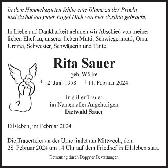 Traueranzeige von Rita Sauer von Volksstimme Oschersleben/Wanzleben