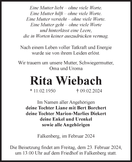 Traueranzeige von Rita Wiebach von Volksstimme Altmark Ost