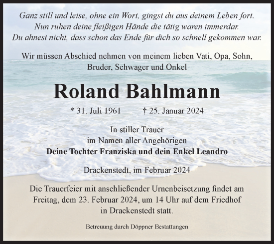 Traueranzeige von Roland Bahlmann von Volksstimme Oschersleben/Wanzleben