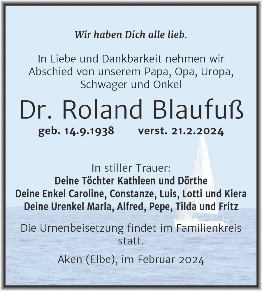  Traueranzeige für Roland Blaufuß vom 28.02.2024 aus Trauerkombi Köthen