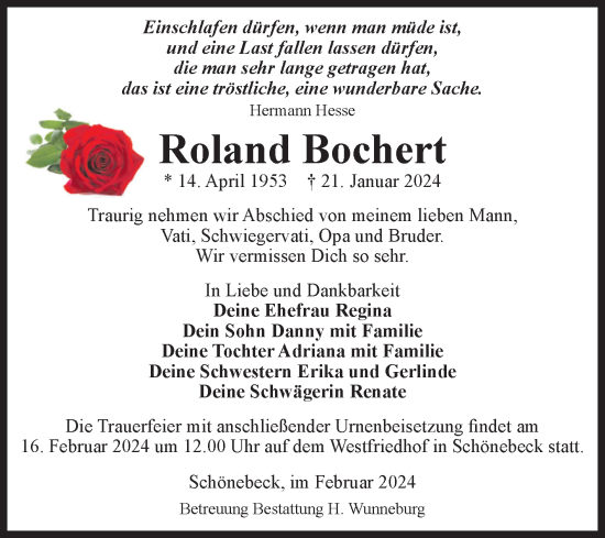 Traueranzeige von Roland Bochert von Volksstimme Schönebeck