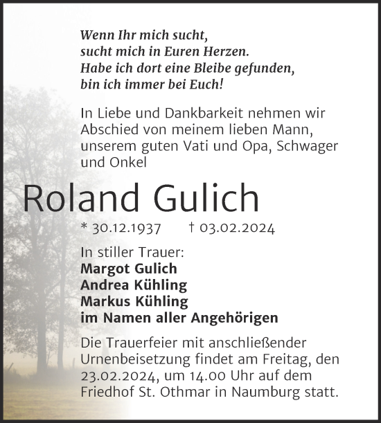 Traueranzeige von Roland Gulich von Naumburger Tageblatt