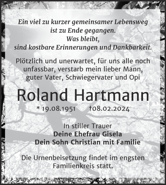Traueranzeige von Roland Hartmann von Trauerkombi Merseburg