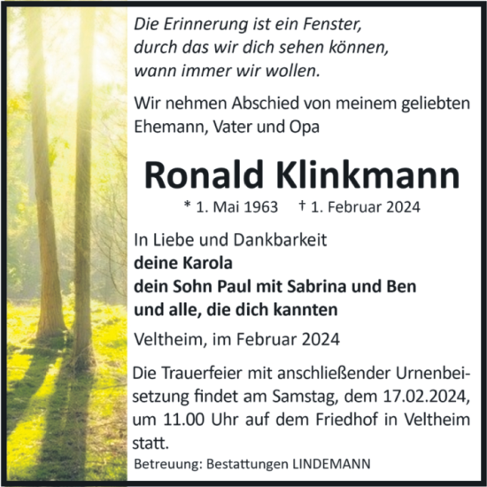 Traueranzeige von Roland Klinkmann von Volksstimme Halberstadt