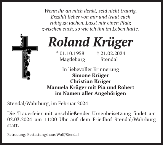 Traueranzeige von Roland Krüger von Volksstimme Altmark Ost