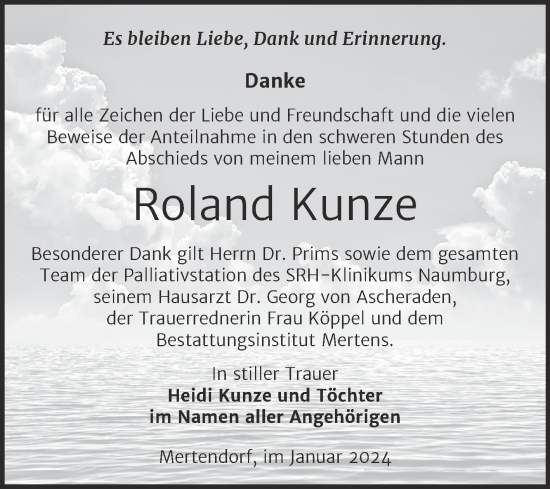 Traueranzeige von Roland Kunze von Super Sonntag Naumburg/Nebra