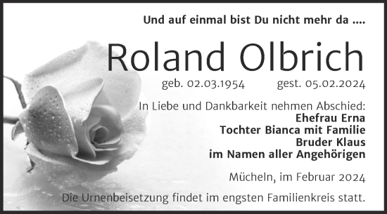 Traueranzeige von Roland Olbrich von Trauerkombi Merseburg