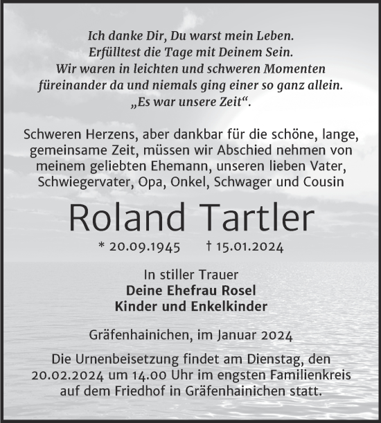 Traueranzeige von Roland Tartler von Trauerkombi Wittenberg
