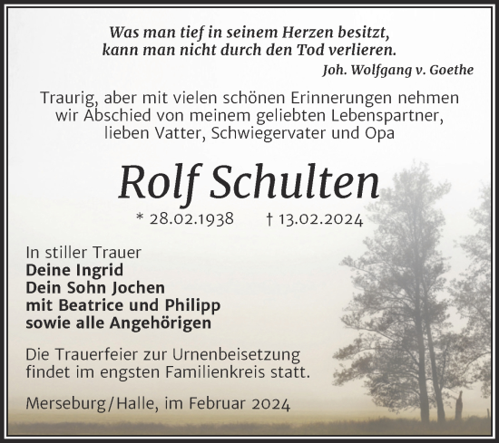 Traueranzeige von Rolf Schulten von Trauerkombi Merseburg