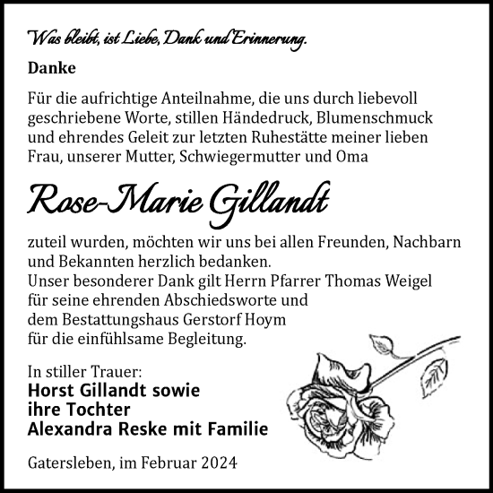 Traueranzeige von Rose-Marie Gillandt von Trauerkombi Aschersleben