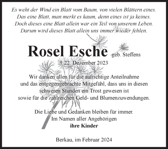Traueranzeige von Rosel Esche von Volksstimme Altmark Ost