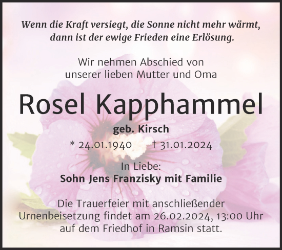 Traueranzeige von Rosel Kapphammel von Trauerkombi Bitterfeld