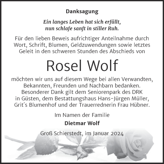 Traueranzeige von Rosel Wolf von Trauerkombi Aschersleben