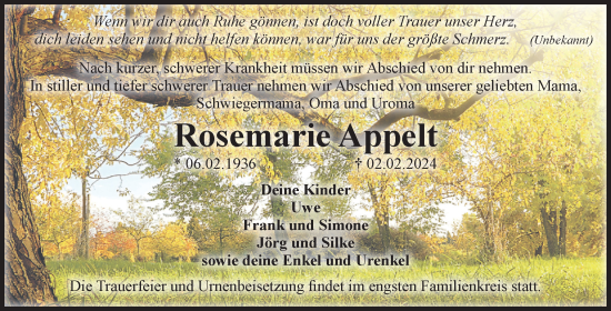 Traueranzeige von Rosemarie Appelt von Volksstimme Staßfurt