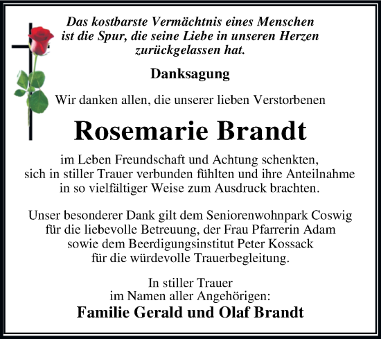 Traueranzeige von Rosemarie Brandt von Trauerkombi Wittenberg