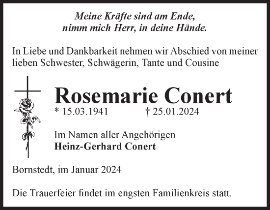 Traueranzeige von Rosemarie Conert von Volksstimme Haldensleben/Wolmirstedt