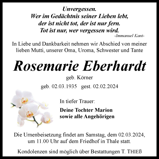 Traueranzeige von Rosemarie Eberhardt von Trauerkombi Quedlinburg