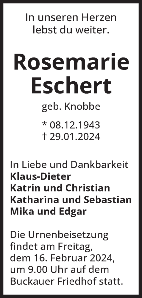 Traueranzeige von Rosemarie Eschert von Volksstimme Magdeburg