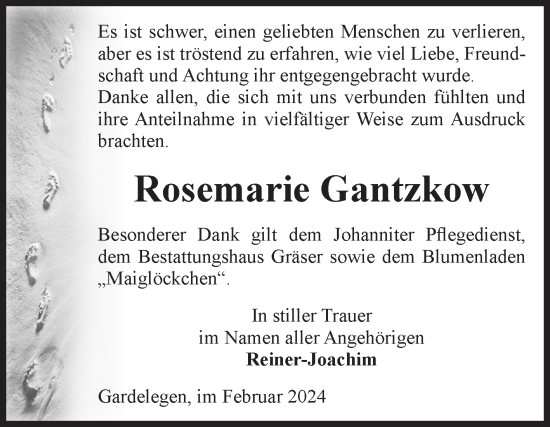 Traueranzeige von Rosemarie Gantzkow von Volksstimme Altmark West