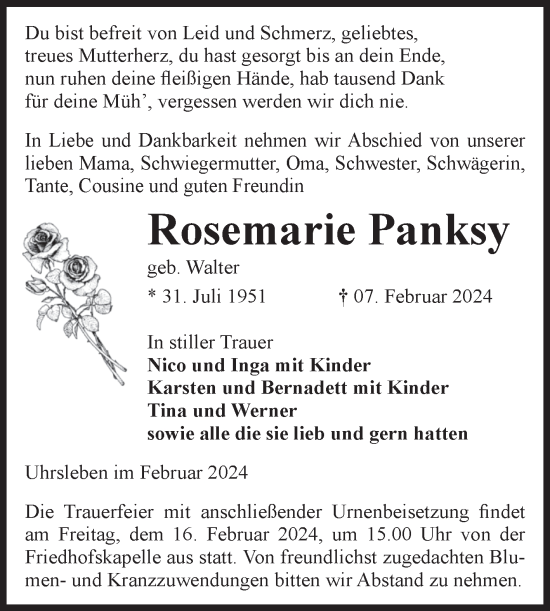 Traueranzeige von Rosemarie Panksy von Volksstimme Haldensleben/Wolmirstedt