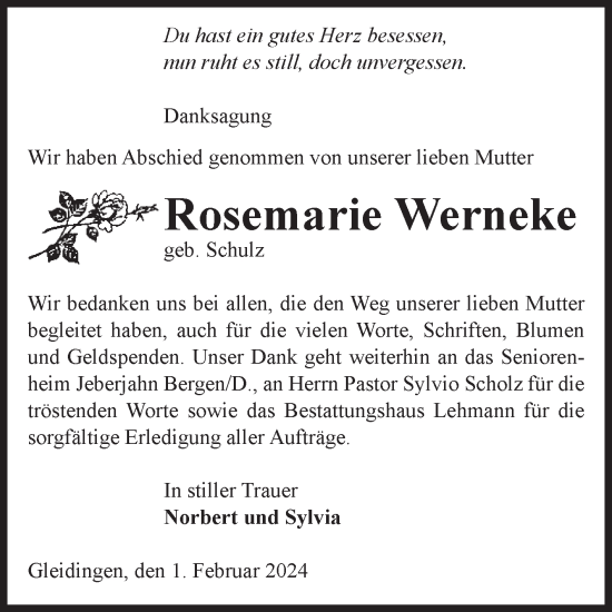 Traueranzeige von Rosemarie Werneke von Volksstimme Altmark West
